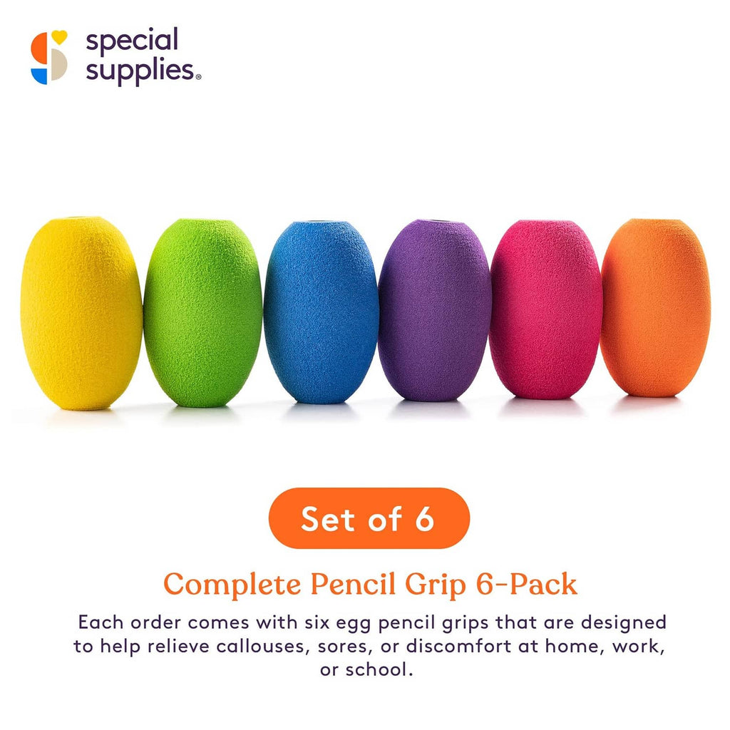 Six egg pencil grips standing in a row: yellow, green, blue, purple, pink, orange