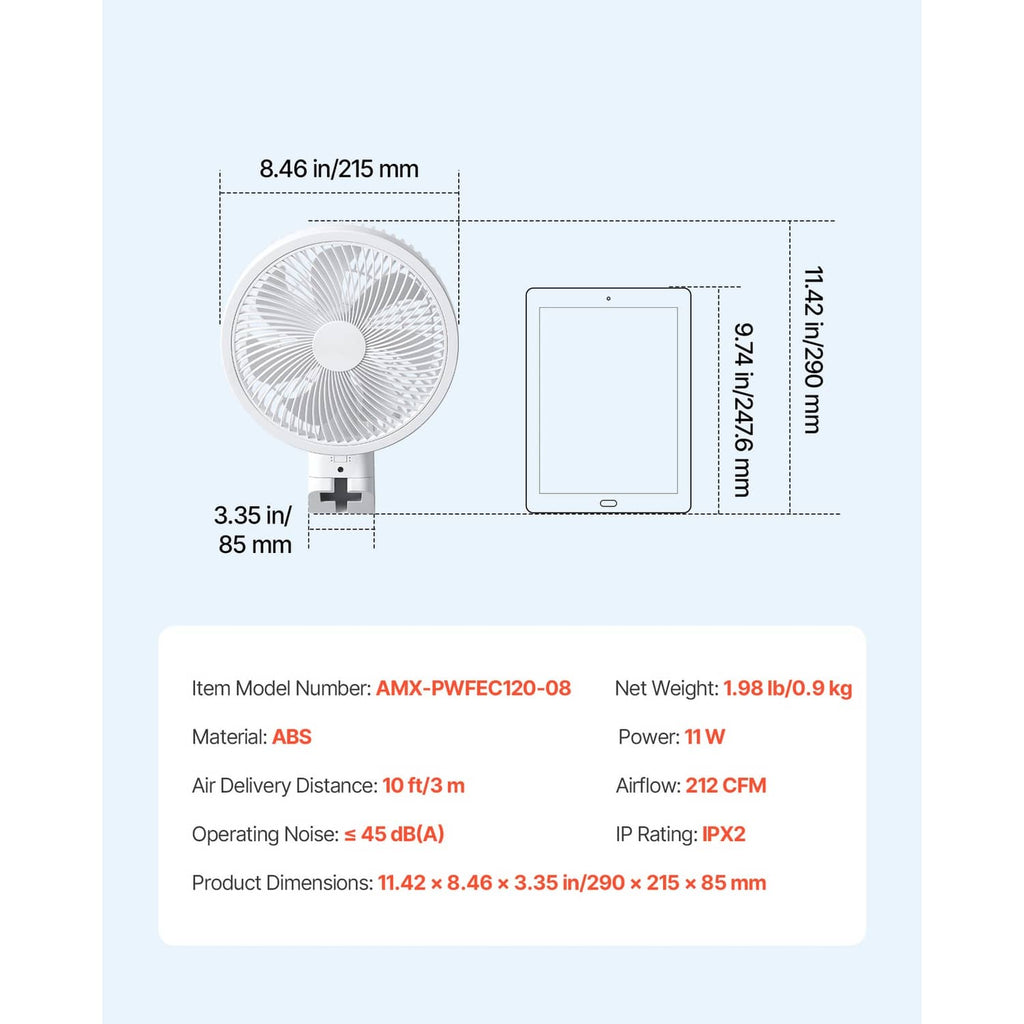 Wall-mounted oscillating fan size diagram with remote control dimensions