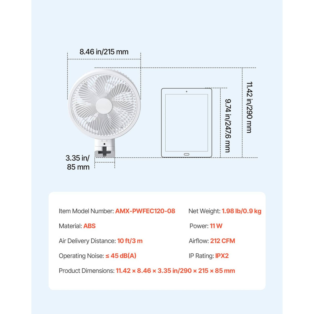 Wall-mounted oscillating fan size diagram with remote control dimensions