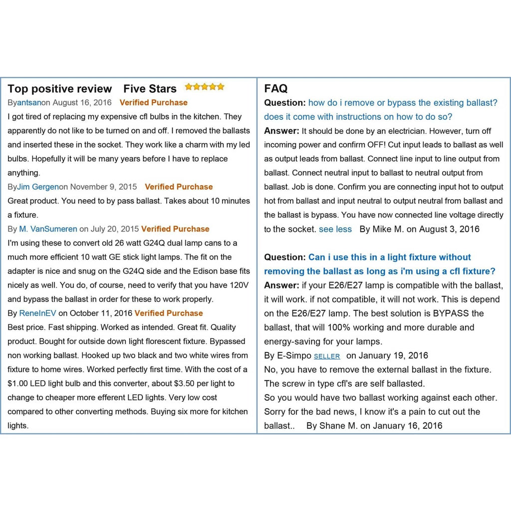 Customer reviews and FAQ text page for GX24Q to E26/E27 ballast bypass adapters