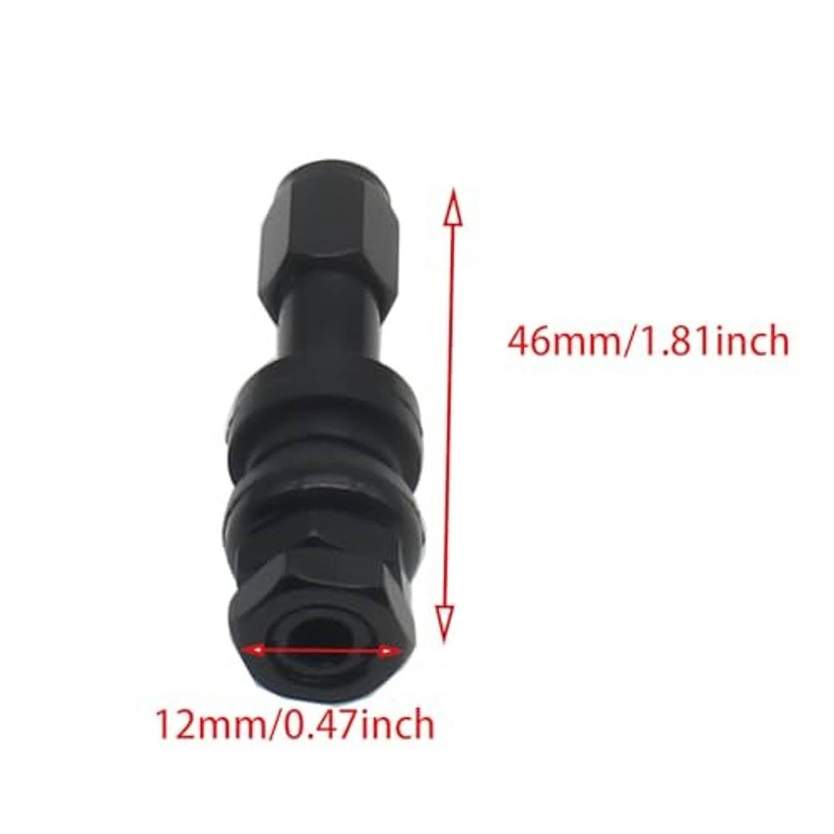 Black tubeless valve stem close-up with hex cap and exposed valve opening