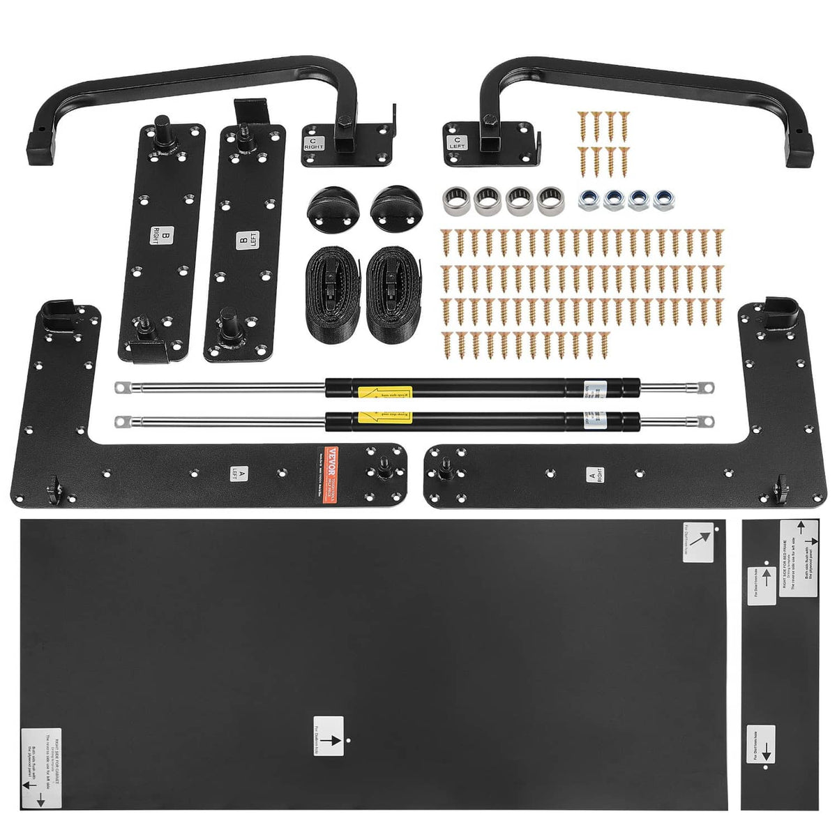 Murphy bed hardware panel with black rods, brackets, straps, springs, and screws