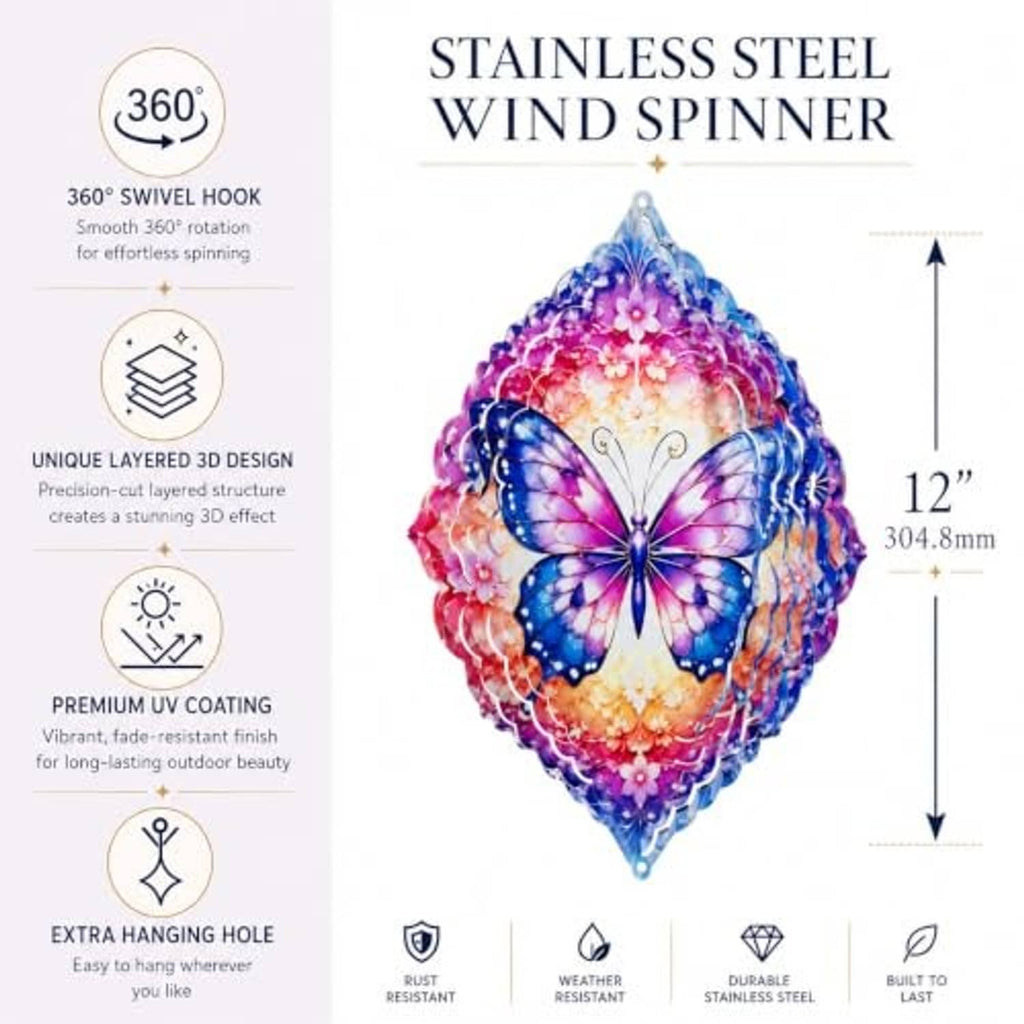 Butterfly stainless steel wind spinner with layered metal disc and hanging hook