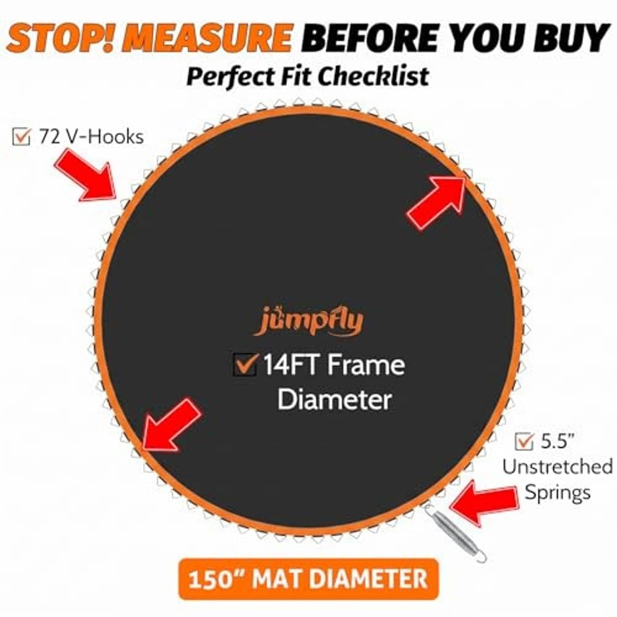 Round trampoline replacement mat for 14FT frame, black with orange edge and V-hooks