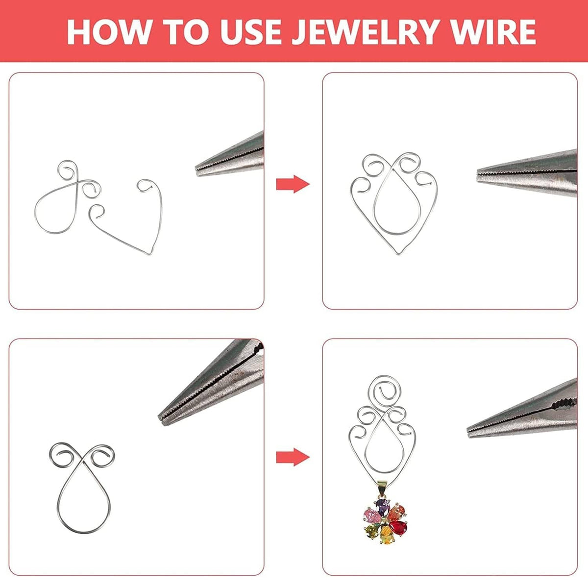 Silver jewelry wire shaped into heart charms and paired loops for DIY