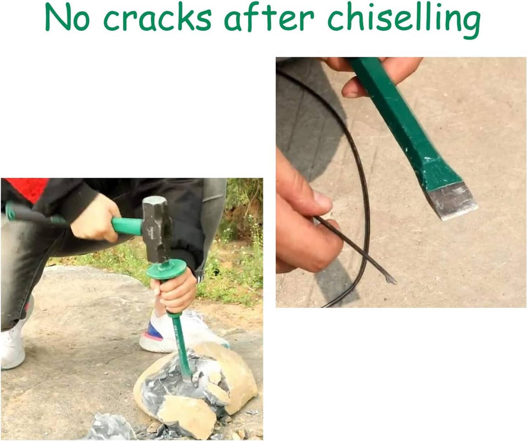 Rock chisel used on concrete; green handle and flat steel chisel tip visible