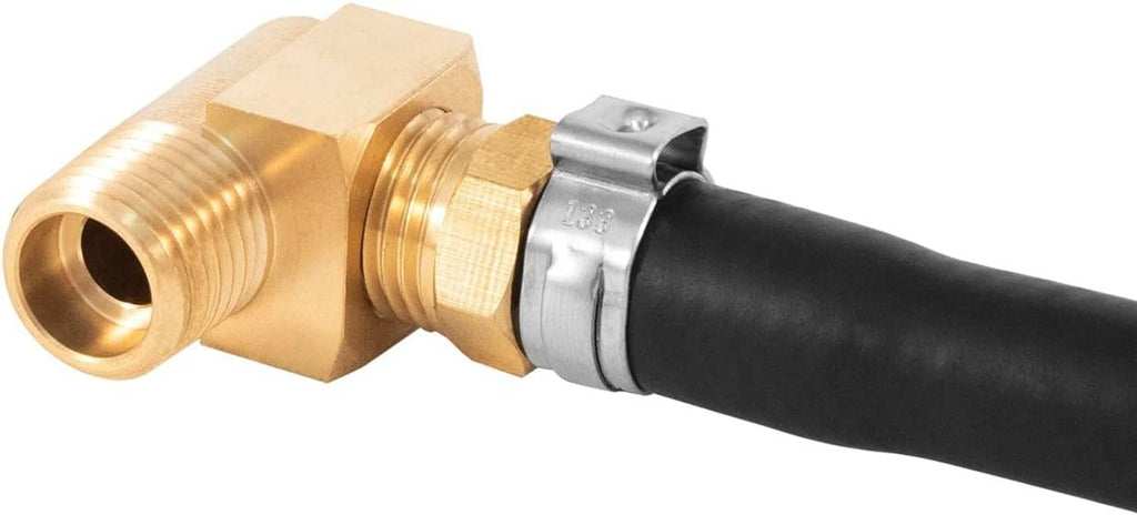 Brass fuel hose elbow connector with black hose and threaded adapter