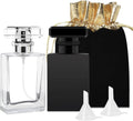 Clear and black perfume atomizer bottles with sprayer pumps and two plastic filling funnels