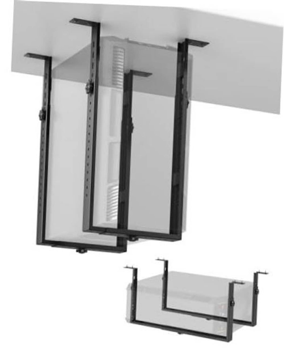 Black under-desk PC mount brackets with adjustable side rails and base frame