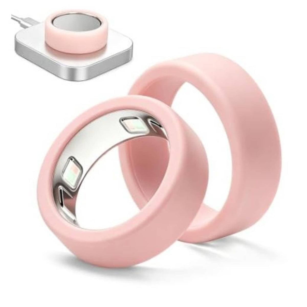 Pair of pink silicone ring covers for Oura Ring Gen 5, with sensor cutouts