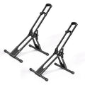 Foldable black bike storage rack stand, two-piece set with adjustable wheel cradles
