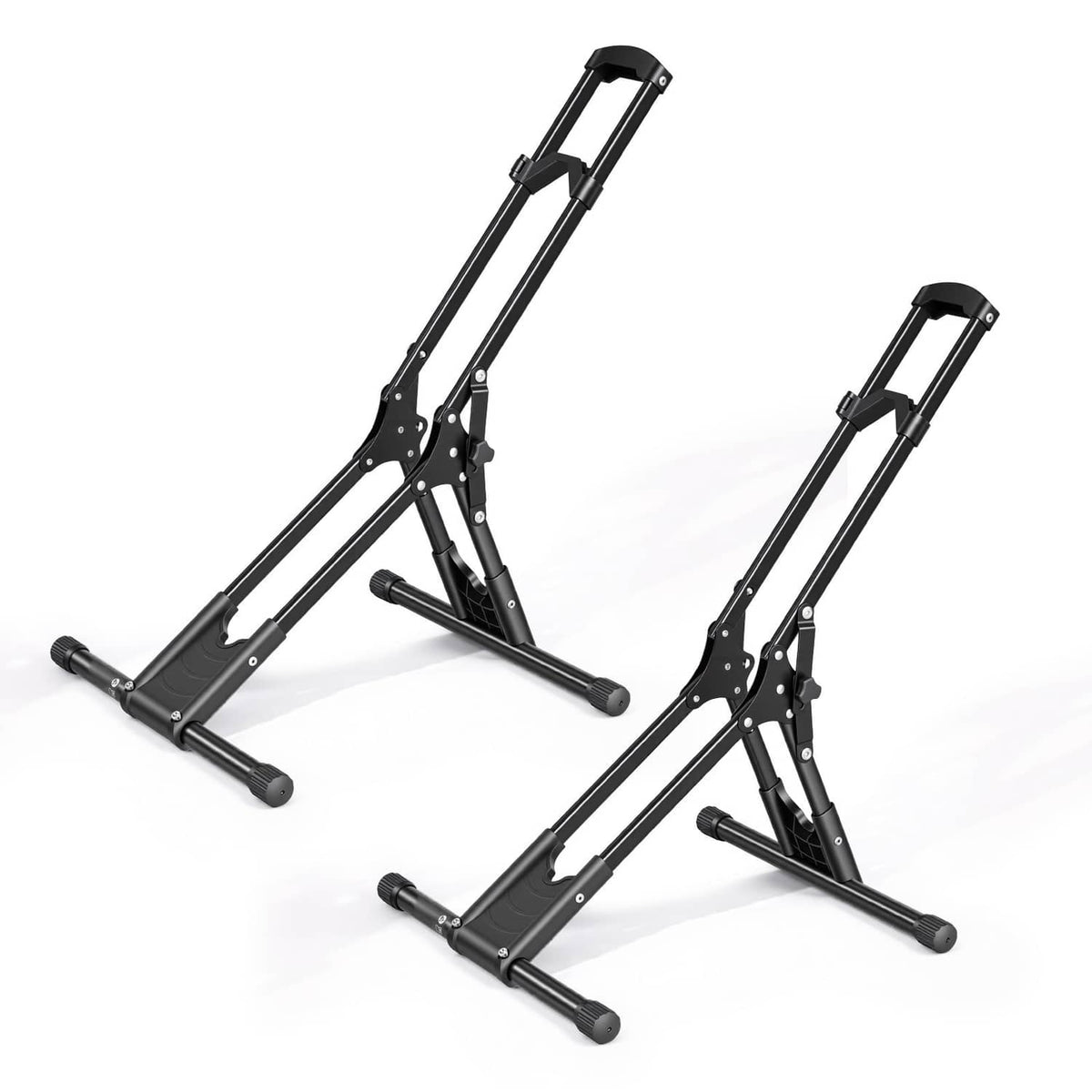 Foldable black bike storage rack stand, two-piece set with adjustable wheel cradles
