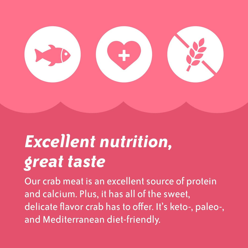 Crab meat nutrition and taste concept graphic with heart and fish icons