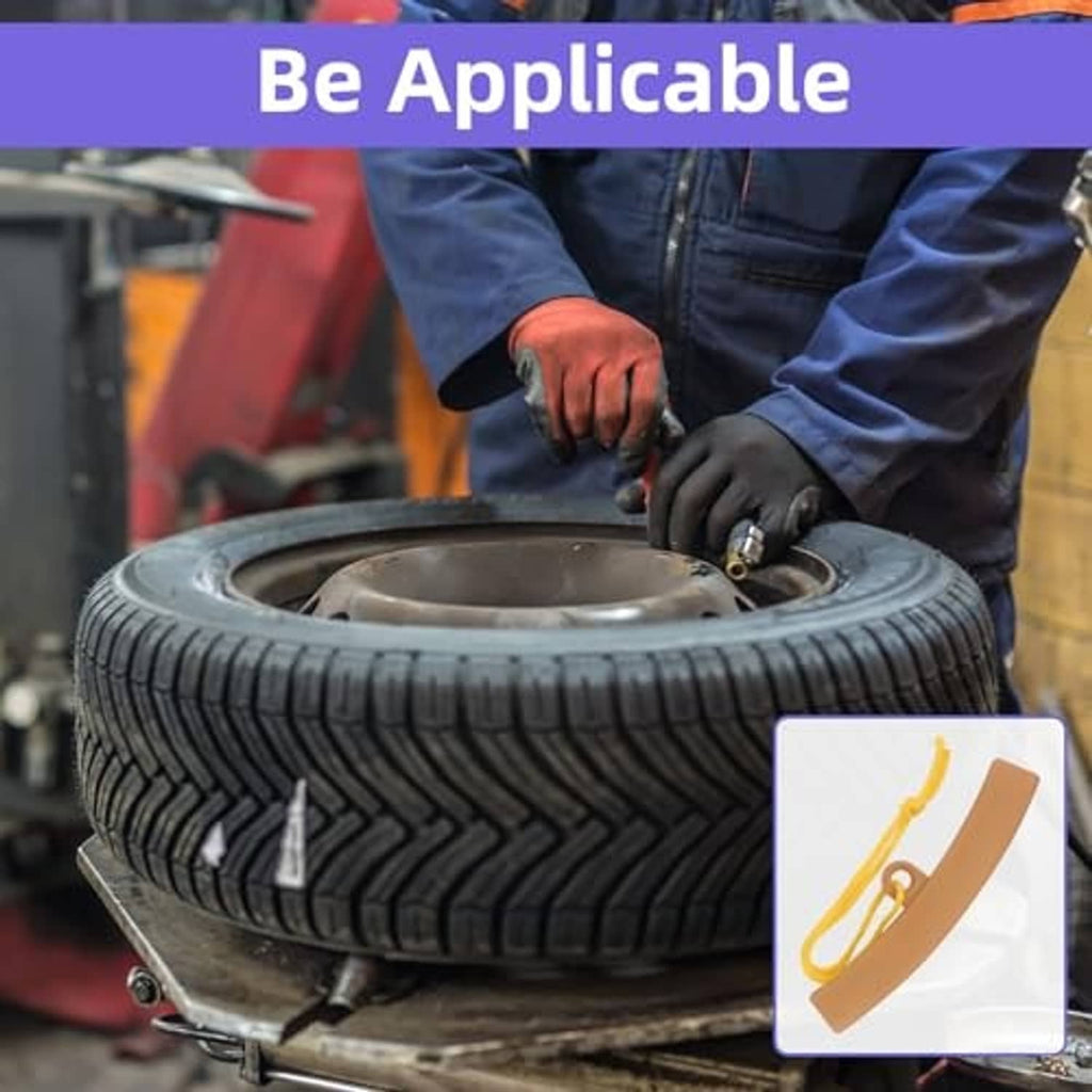 Wheel mounting setup with tire bead clamp and tan rim protector on rim