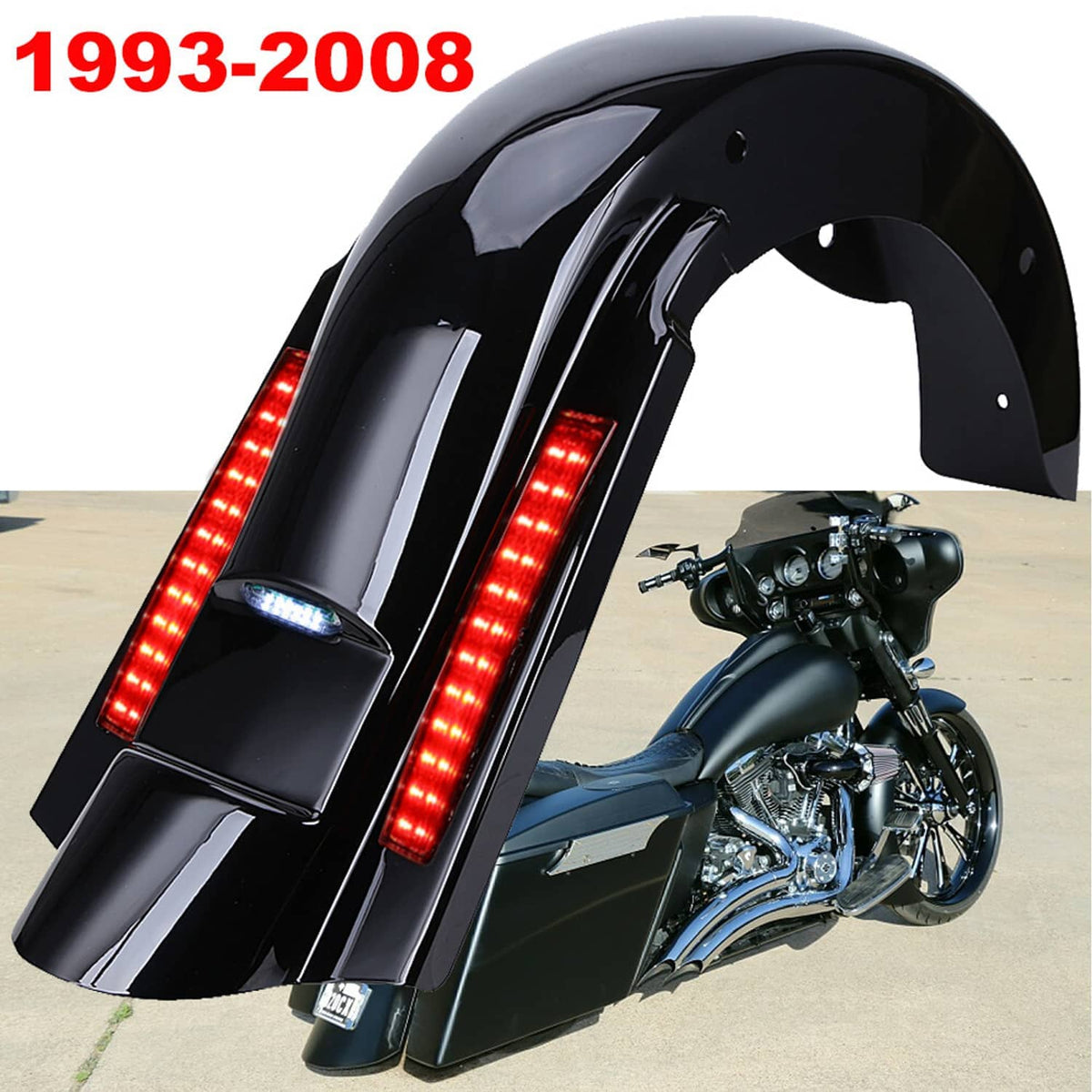 Extended rear fender with red LED vertical light strips and glossy black outer shell