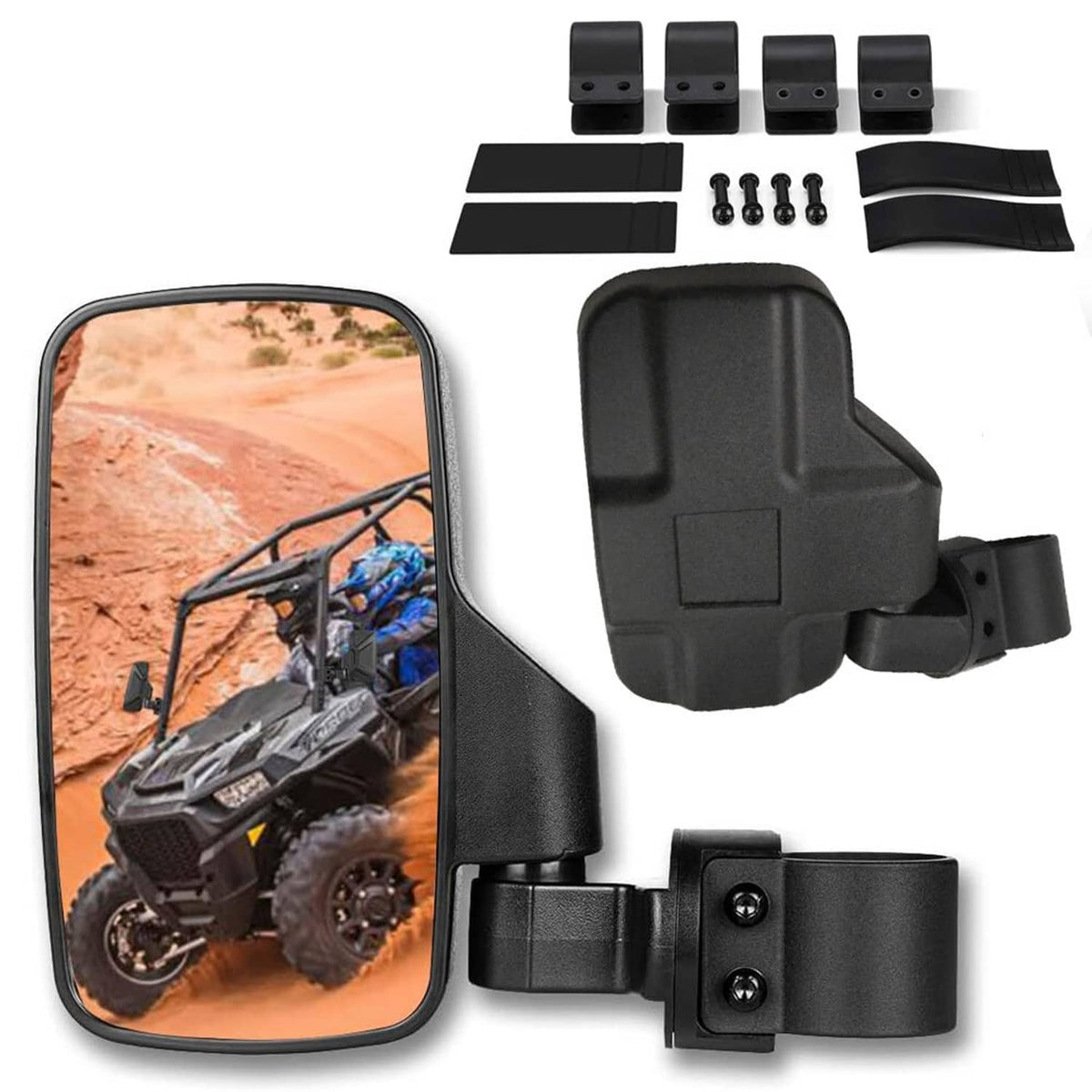 UTV side mirror with reflective lens, black foldable housing, and mounting strap
