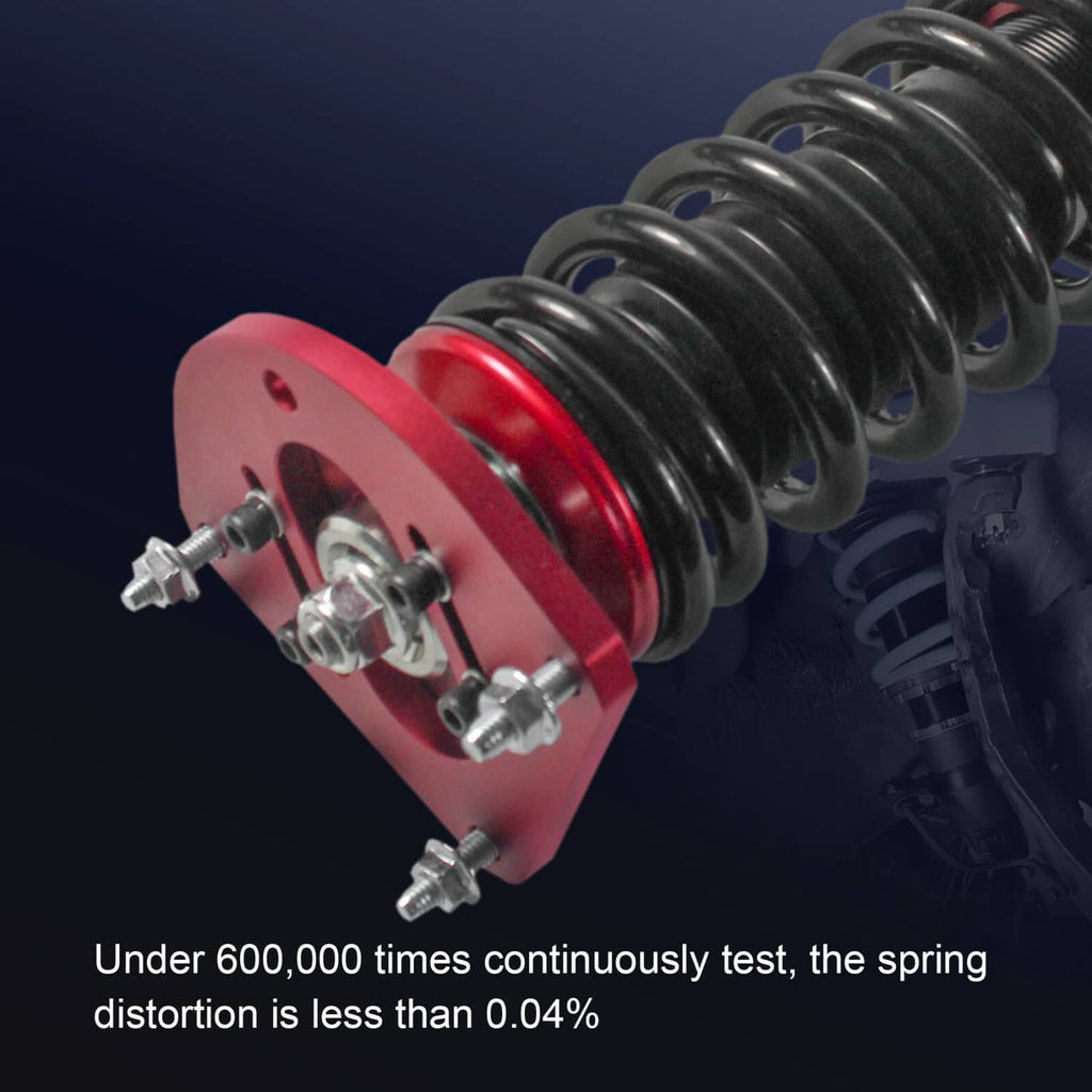 Close-up of red coilover spring seat and black shock body