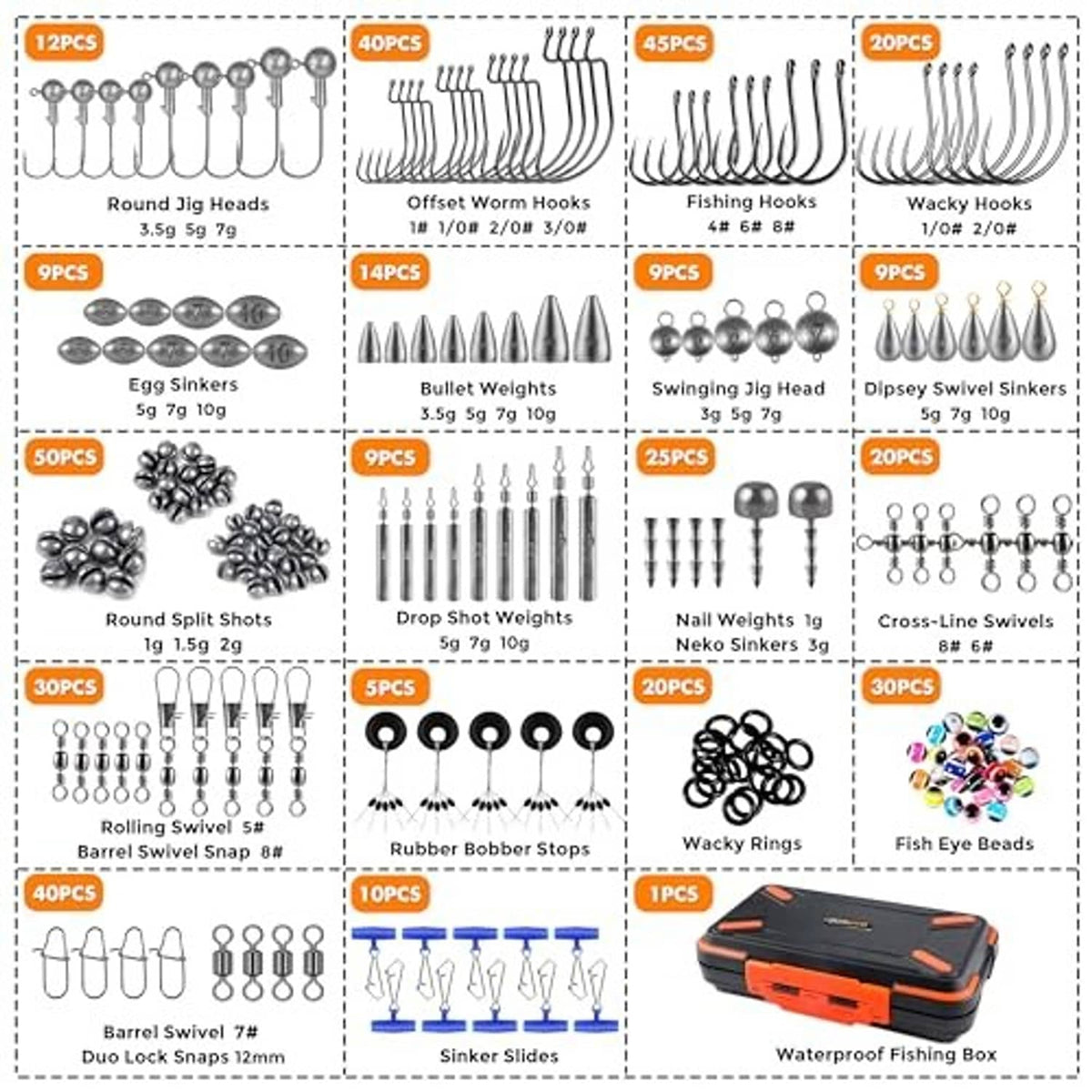 Fishing tackle assortment display with hooks, sinkers, swivels, wacky rings, and tackle box