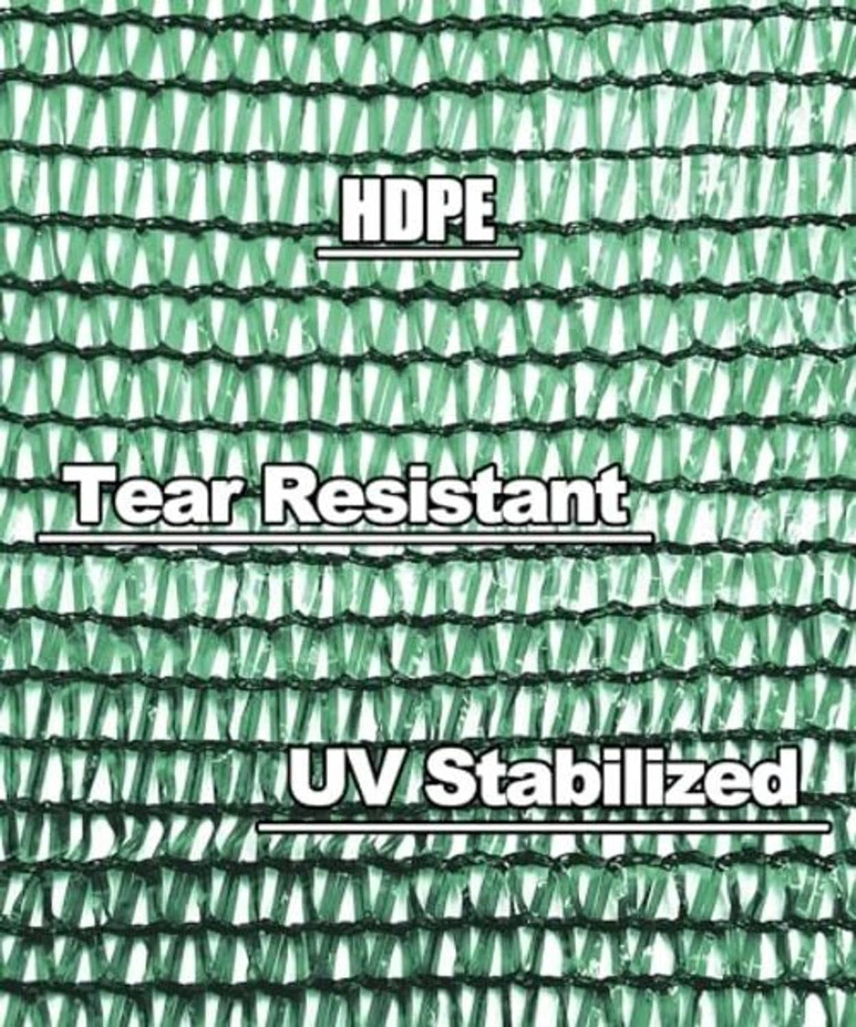 Green shade netting close-up with grid mesh and reinforced edge binding