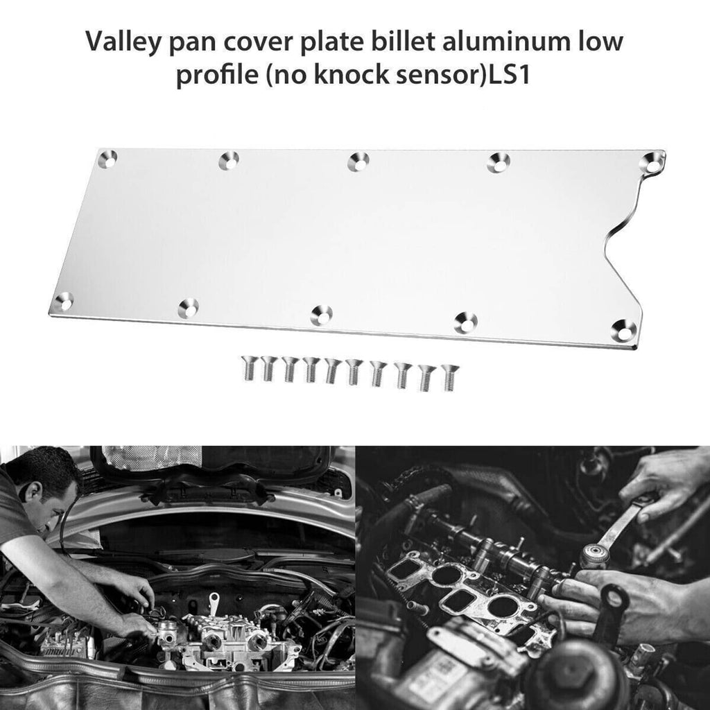 Billet aluminum valley pan cover plate with bolt holes and included fasteners