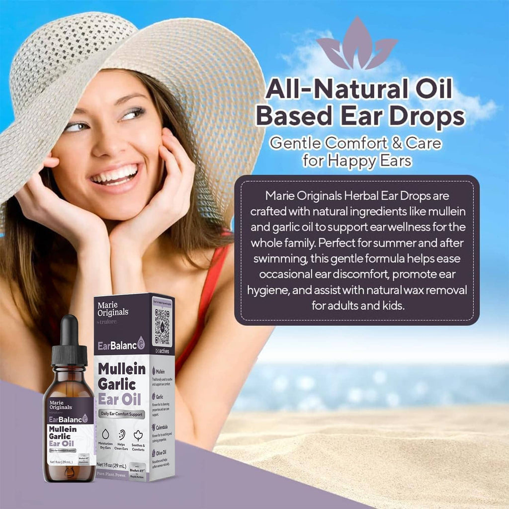 Mullein garlic ear oil drops: small amber dropper bottle and box beside smiling woman