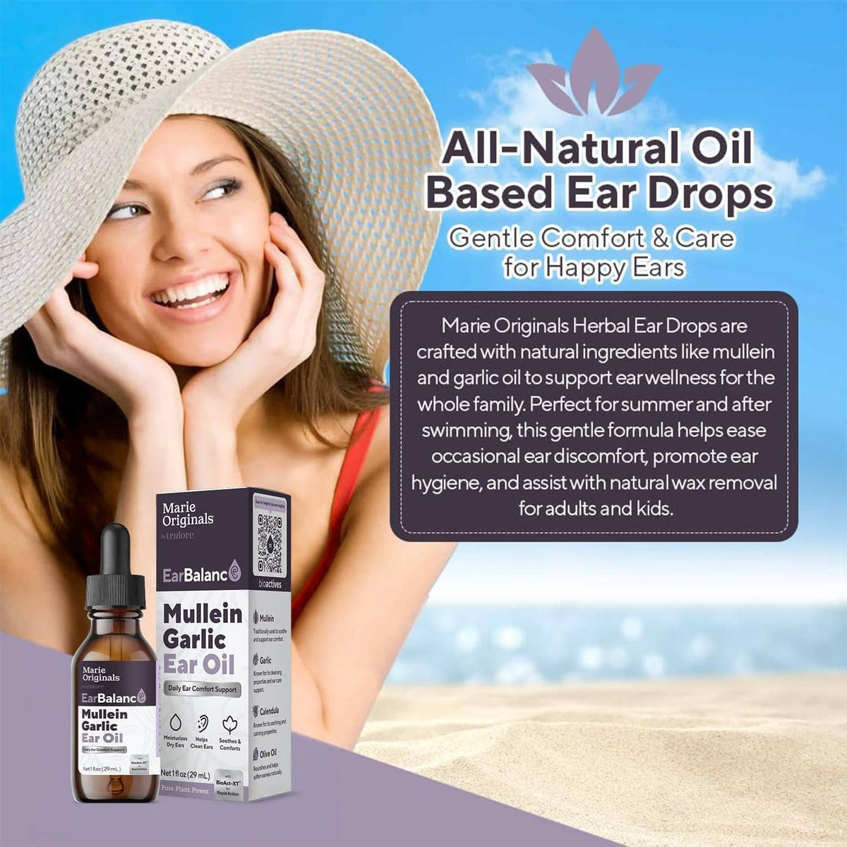 Mullein garlic ear oil drops: small amber dropper bottle and box beside smiling woman