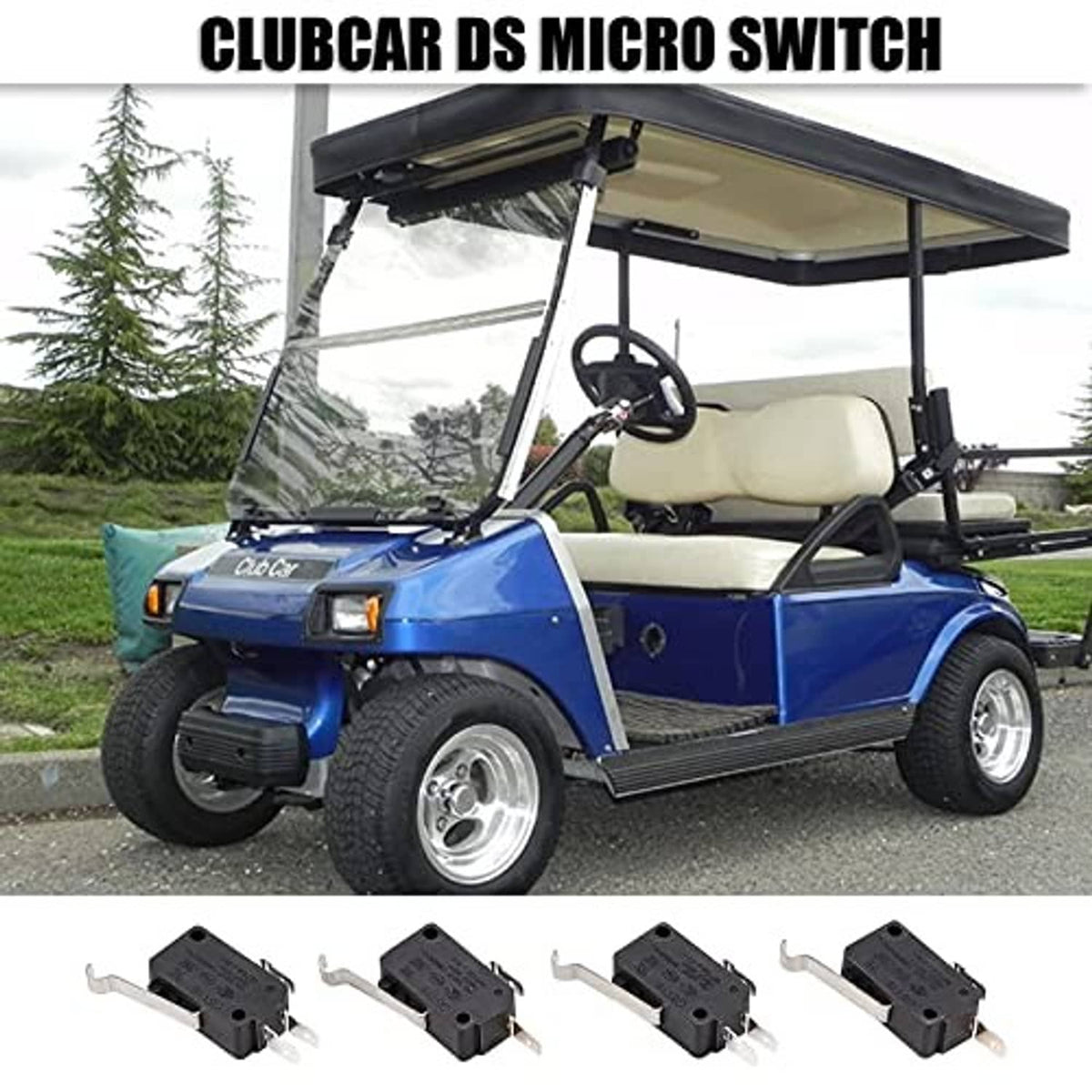 Micro switch set shown on a golf cart, with switches pictured below
