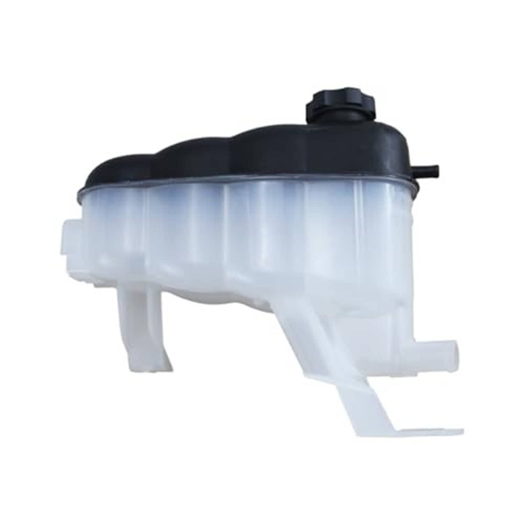 Engine coolant reservoir tank with black cap and side fittings, white body