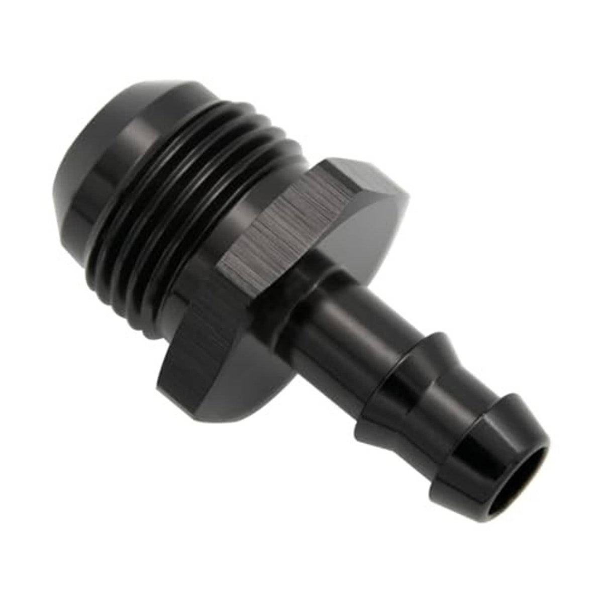 Black 10AN male to 3/8" push hose barb fitting, threaded end with barb