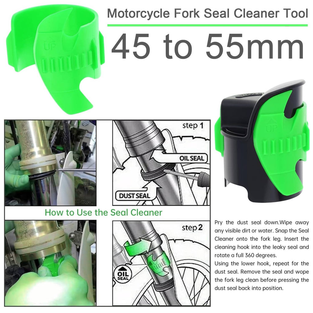 Green and black motorcycle fork seal cleaner tool with size range 45 to 55 mm