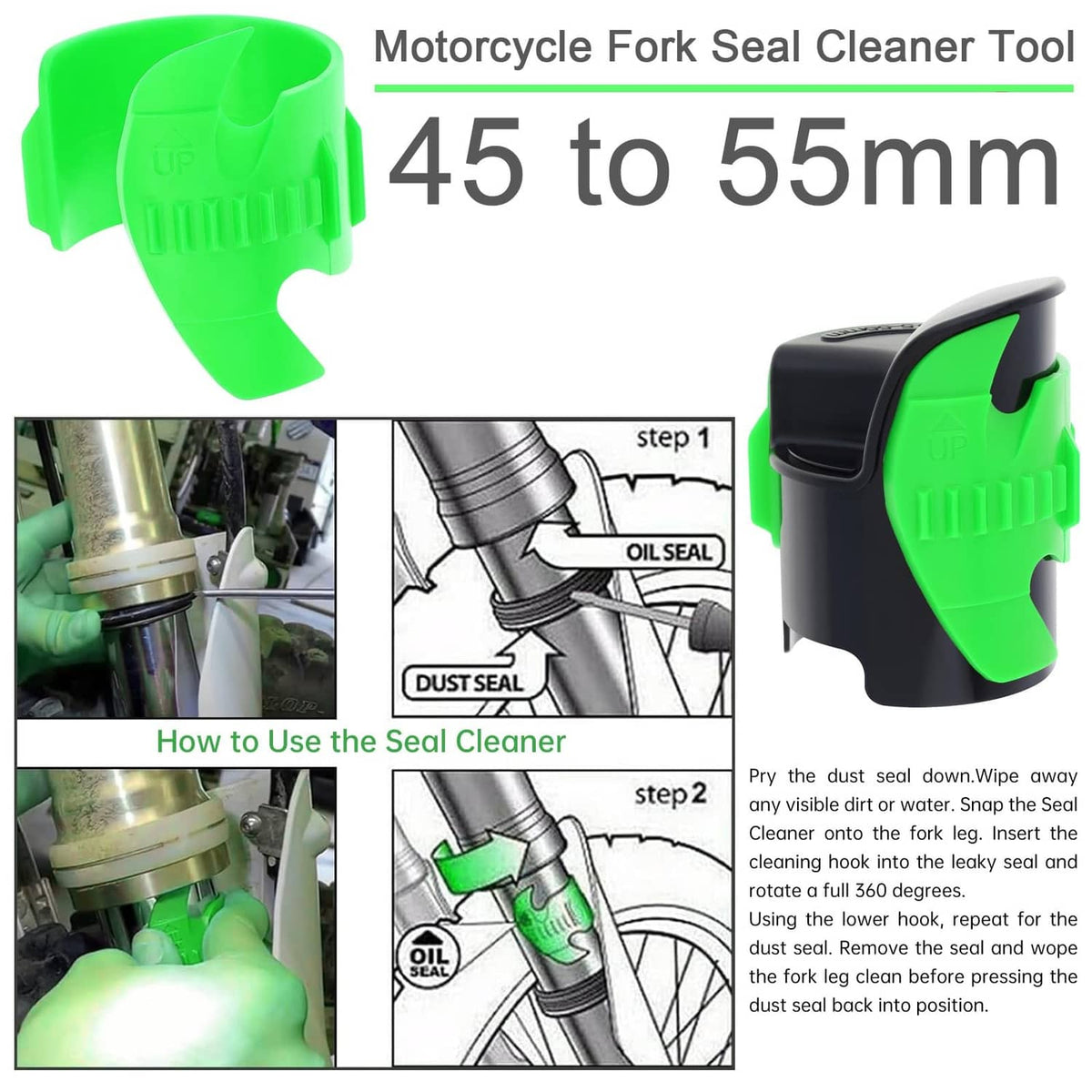 Green and black motorcycle fork seal cleaner tool with size range 45 to 55 mm