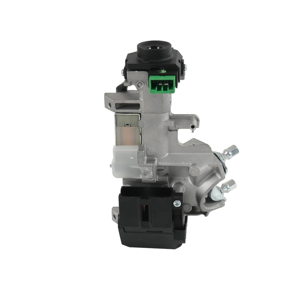 Ignition switch lock cylinder with green electrical connector, silver and black housing