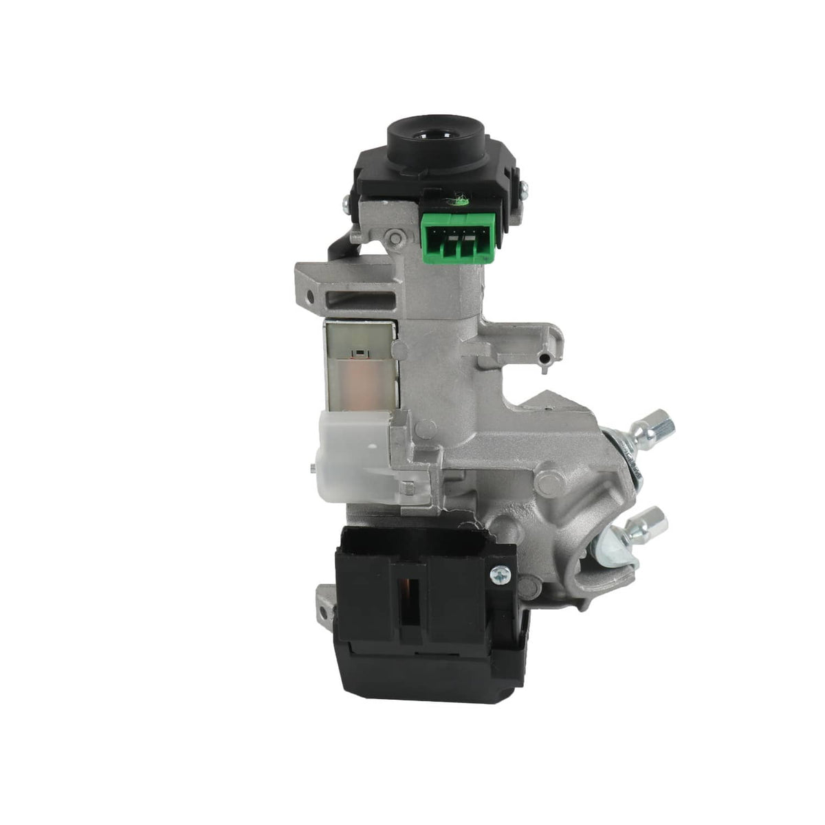 Ignition switch lock cylinder with green electrical connector, silver and black housing
