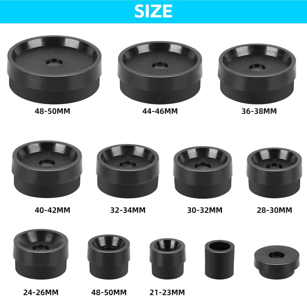 Black watch case press molds in multiple sizes, shown in a grid for selection