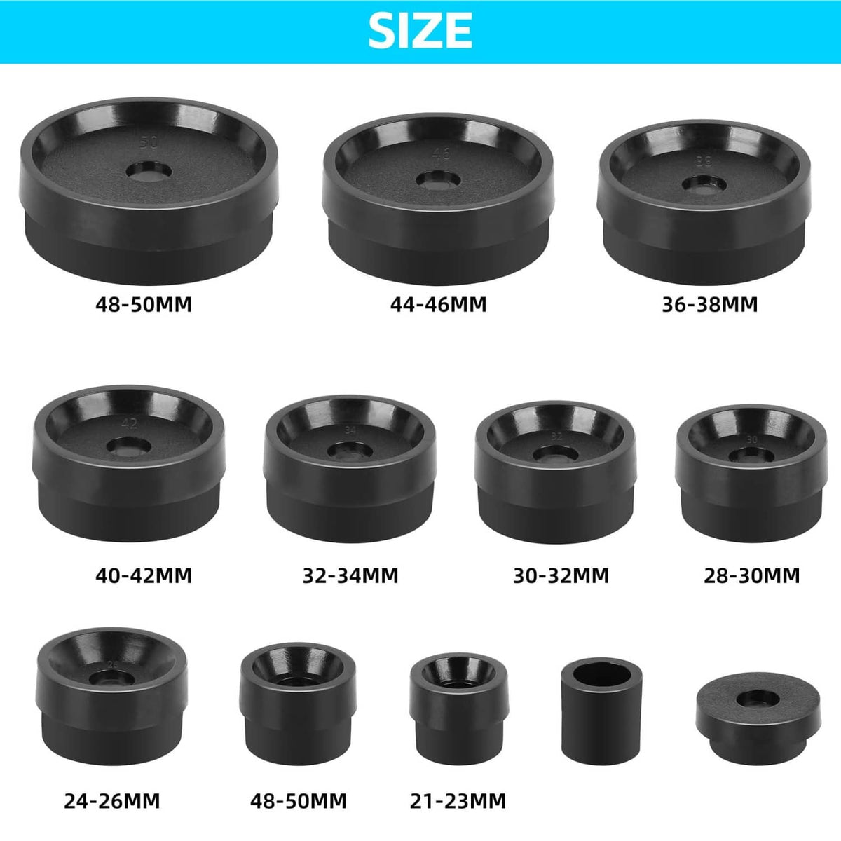 Black watch case press molds in multiple sizes, shown in a grid for selection