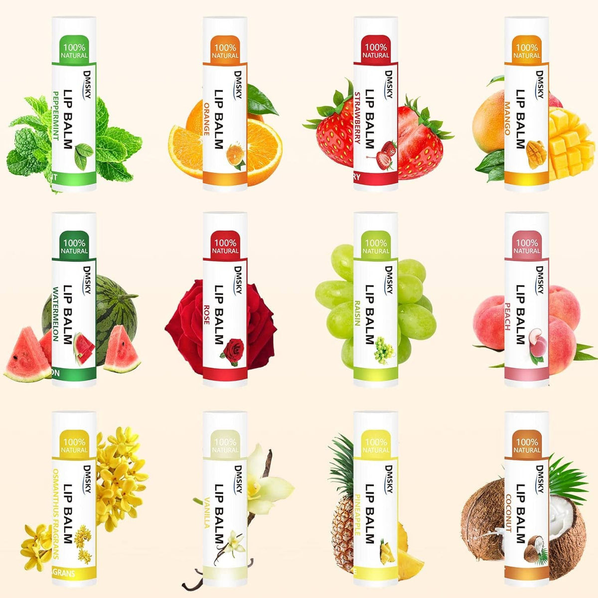 Assorted lip balm tubes multipack, 24-count lineup with different flavor labels