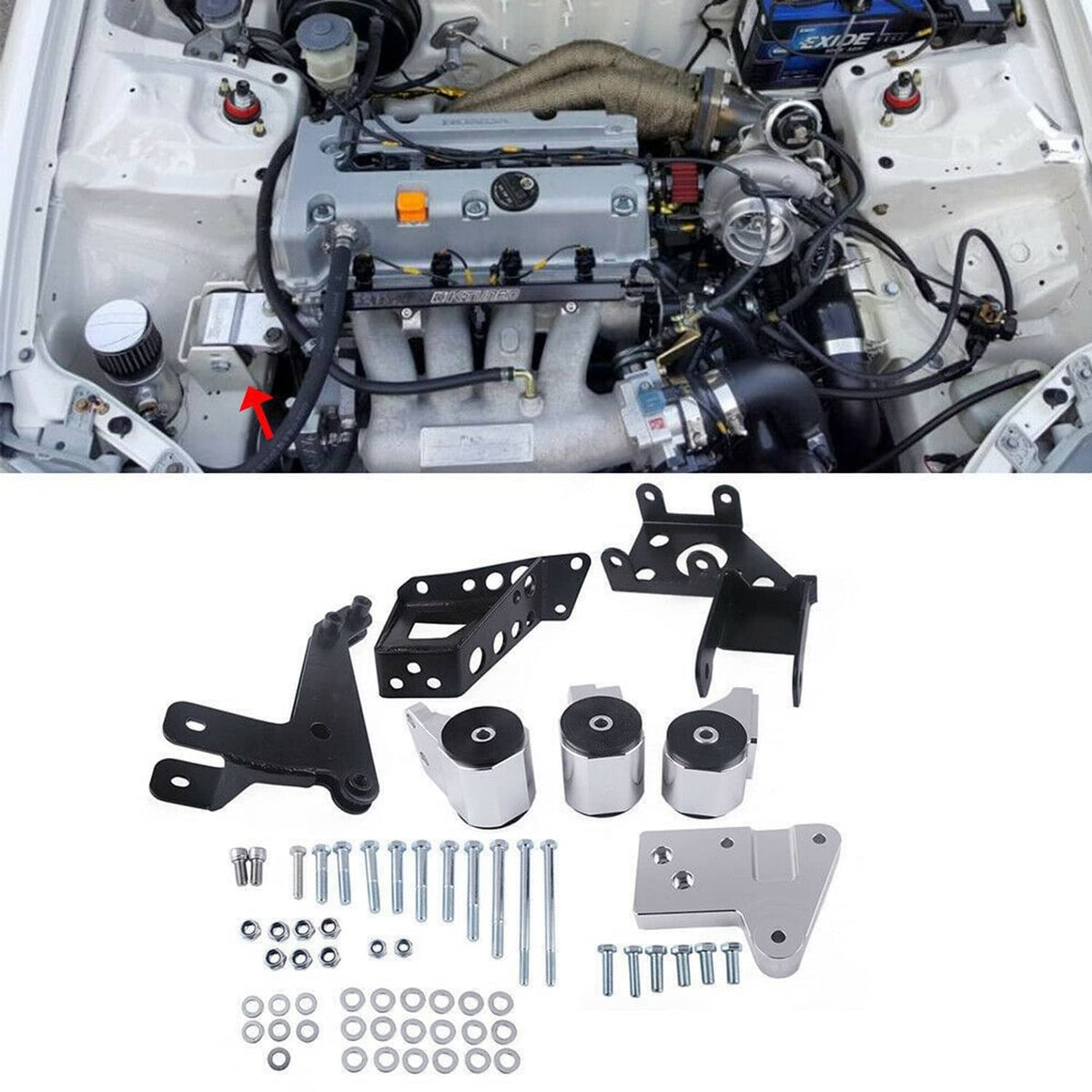 Engine mount bracket kit shown in vehicle engine bay with included hardware