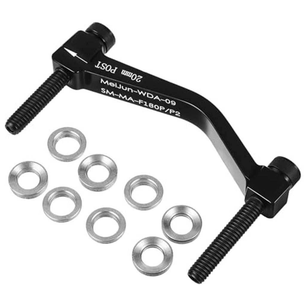 Black post mount disc brake caliper adapter with hardware bolts and metal washers
