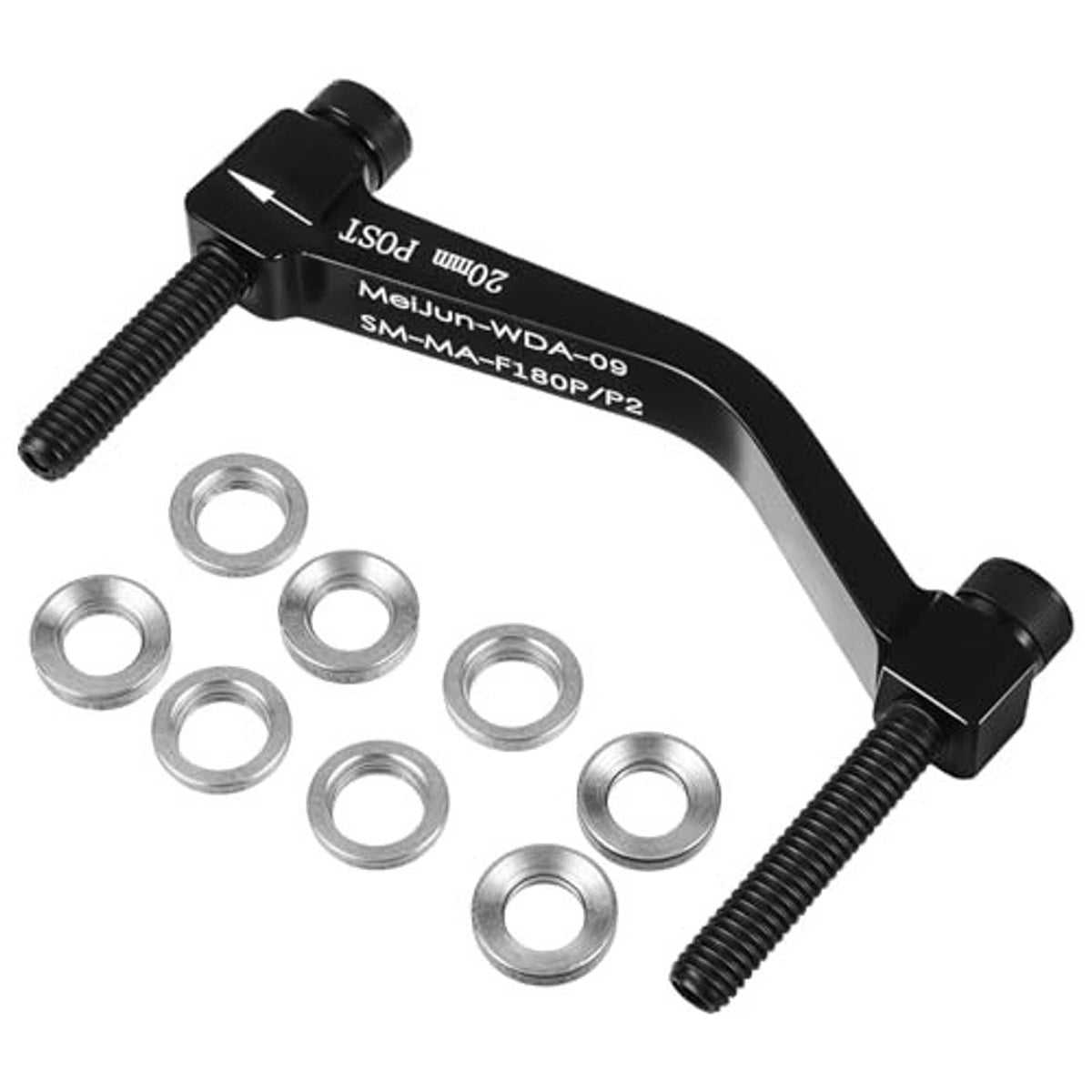 Black post mount disc brake caliper adapter with hardware bolts and metal washers