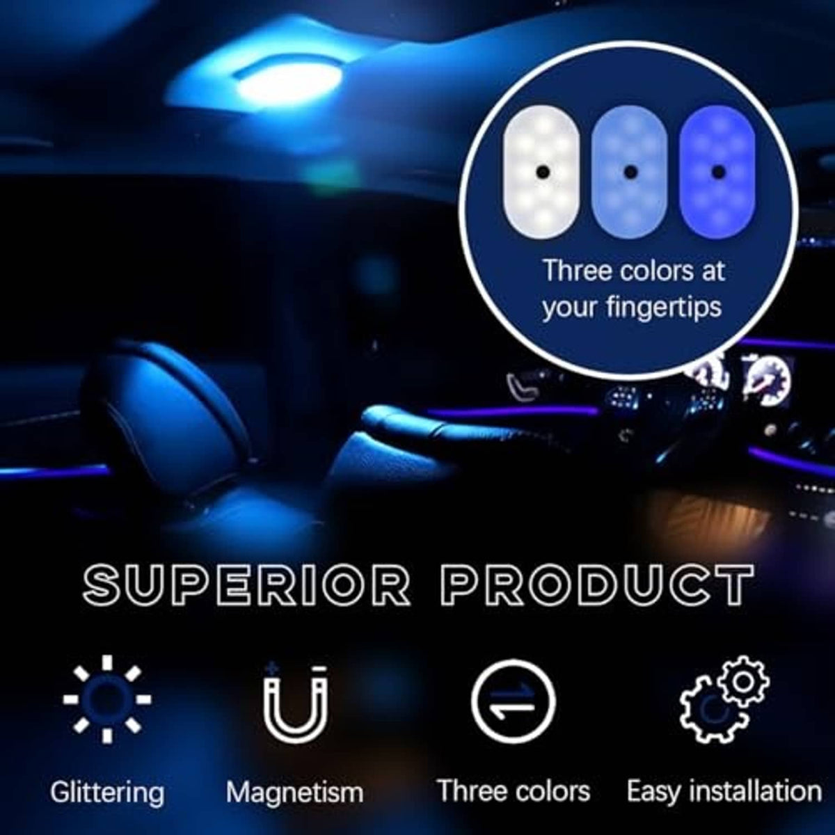 Car dome reading light showing three color LED glow option, round white housing.