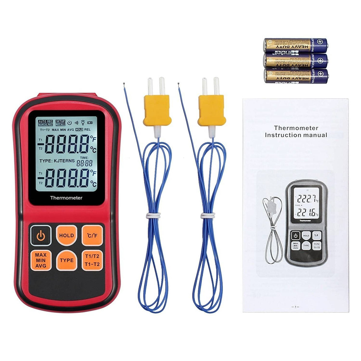 Red digital dual-channel thermometer kit with two K-type thermocouple probes and instruction manual