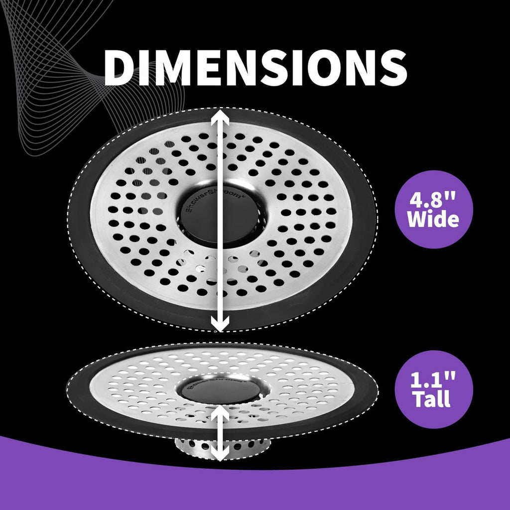 Round stainless shower drain hair catcher strainer, 4.8 in wide and 1.1 in tall