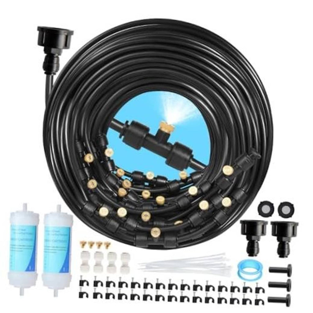 Coiled black misting hose with brass nozzles and tee connectors, 85 ft