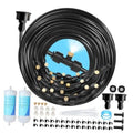 Coiled black misting hose with brass nozzles and tee connectors, 85 ft