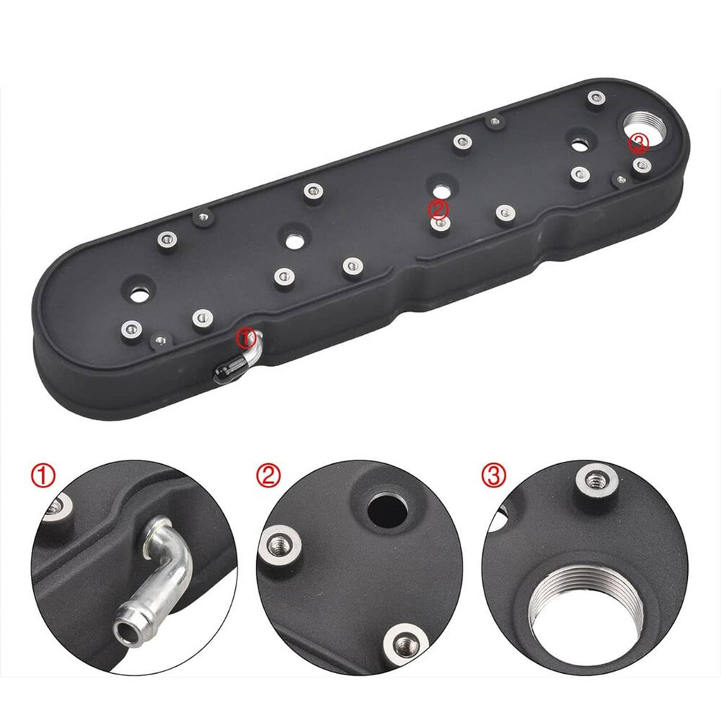 Black valve cover with coil-mount holes and round mounting ports, close-up