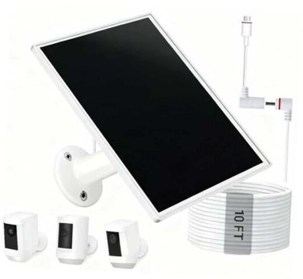 10W solar panel charger with USB-C cable and white mounting bracket, black glass