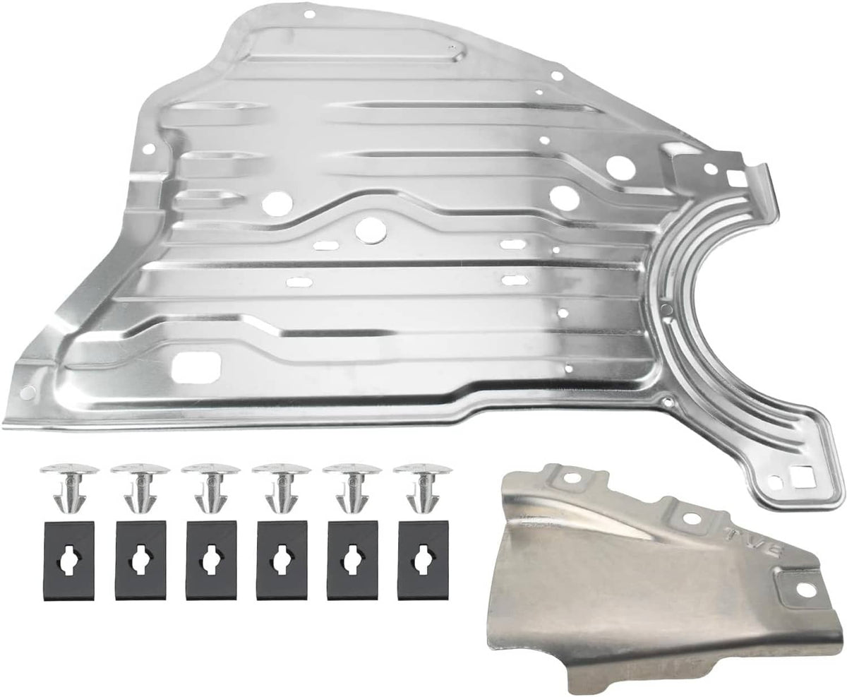 Silver undercar engine shield cover panel with mounting screws and extra mounting bracket