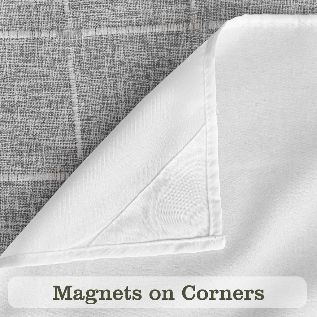 Shower curtain corner with magnet closure and diagonal seam detail