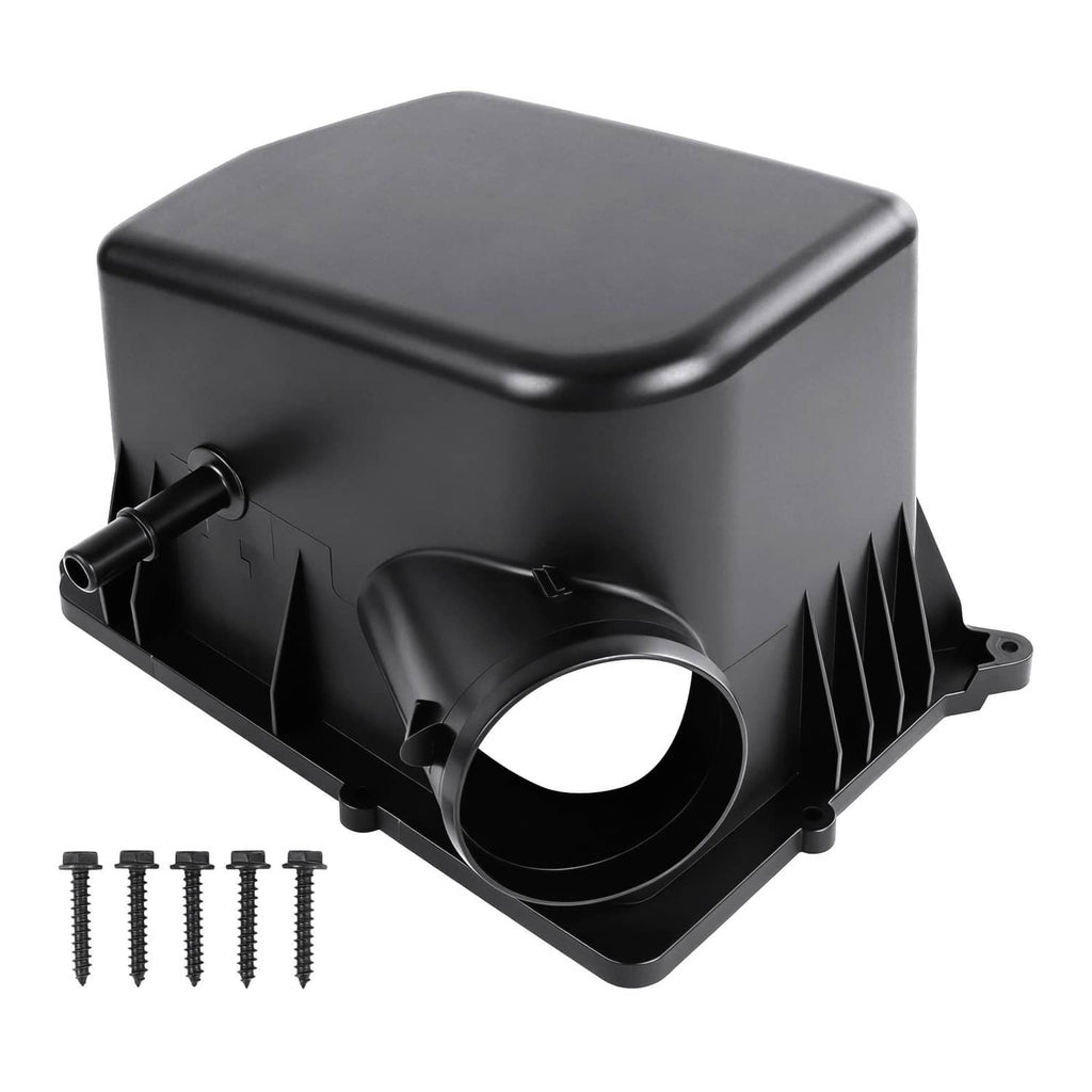 Black plastic air filter housing with inlet tube and mounting screws, compact box shape.