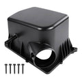 Black plastic air filter housing with inlet tube and mounting screws, compact box shape.